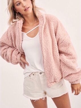 Nine West Cozy Women's Sherpa Fleece size Large Millennial Pink Teddy Jacket